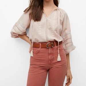 Mango Light Pink Embroidered Cotton Linen Blouse